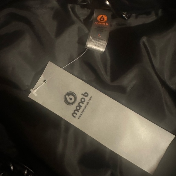 Mono B Faux Leather Jacket Size Large Black Puffer High Neckline Removable Hood - Picture 9 of 13